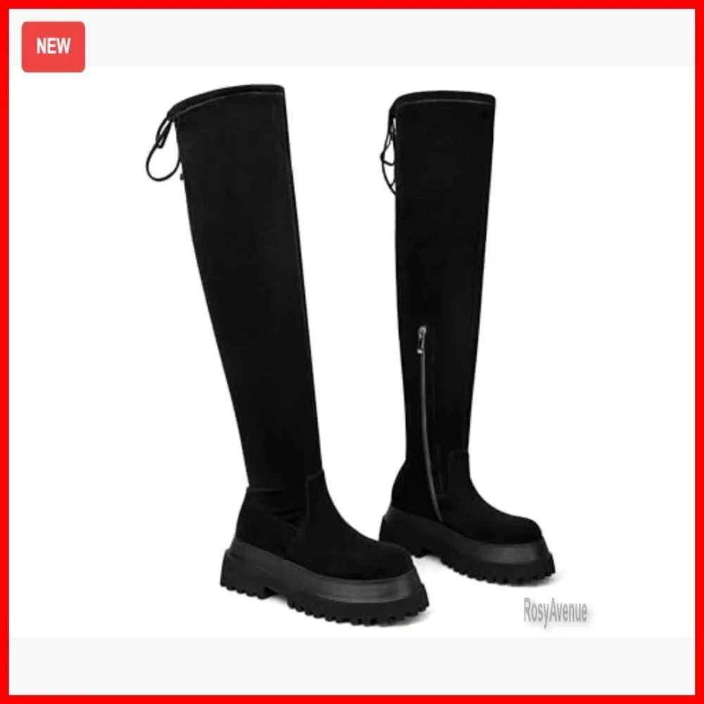Thigh High Boots Chunky Sole Platform Stretch Faux Suede Over Knee